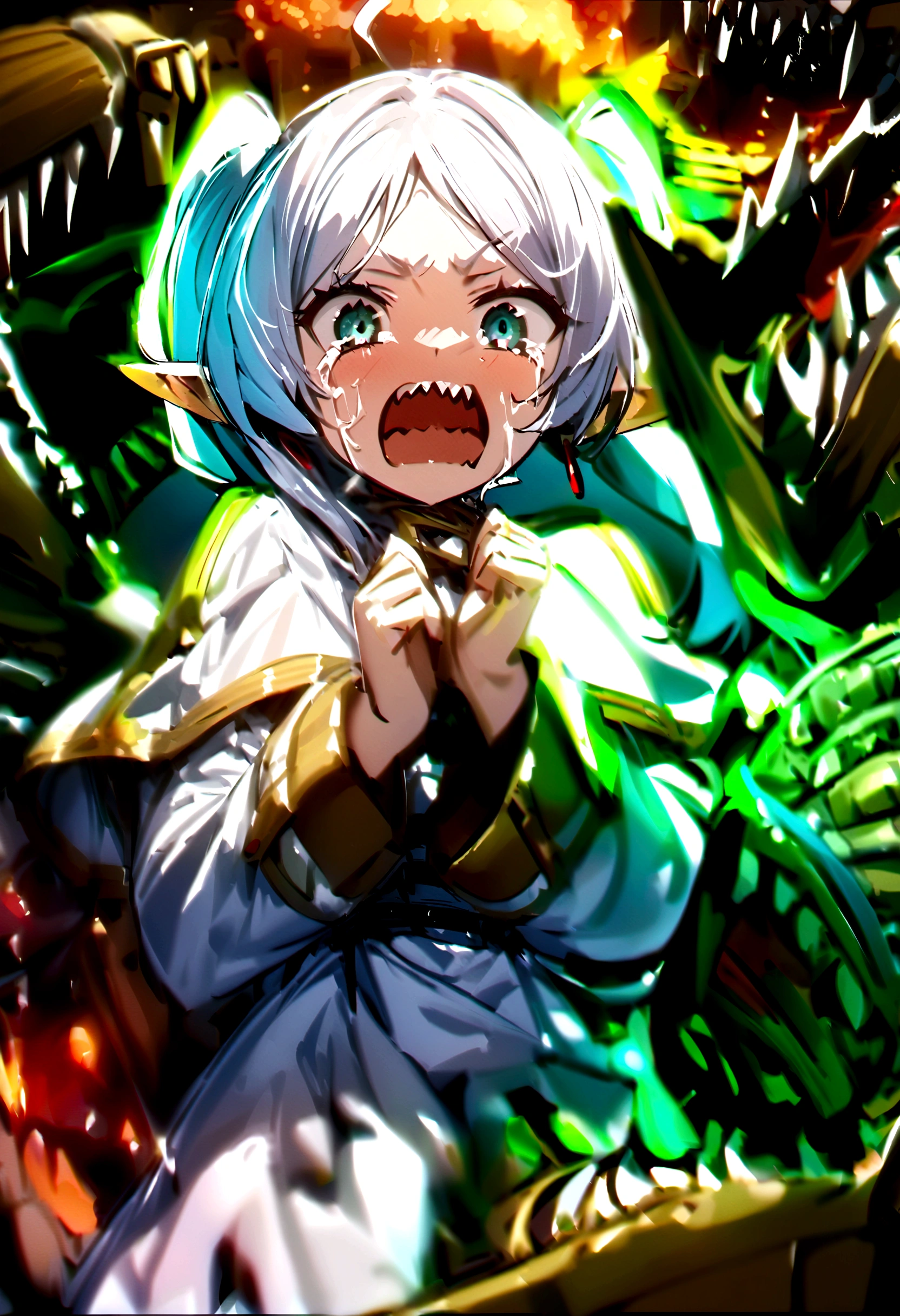 Frieren\(silver hair,twin tails, red earrings, intricate clothing, (white robe:1.5), ultra detailed skin, ultra detailed hair,shouting for help\)