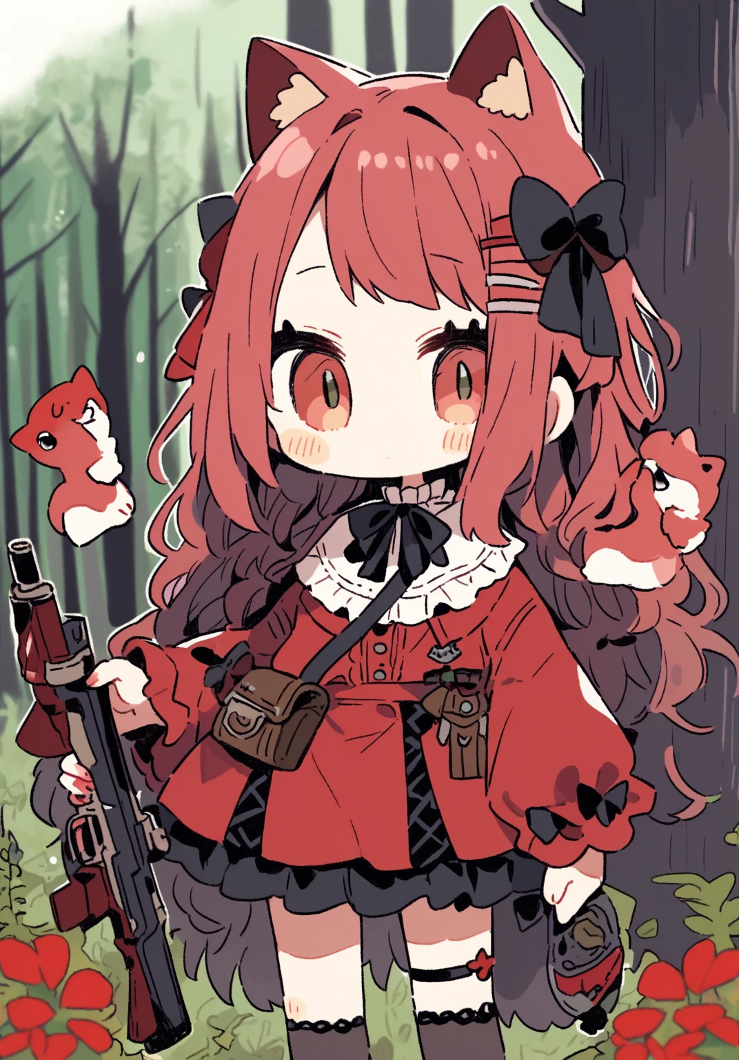 tegaki chibi girl Solo red hood girl wolf ears in the forest gothic lolita from side holding rifle