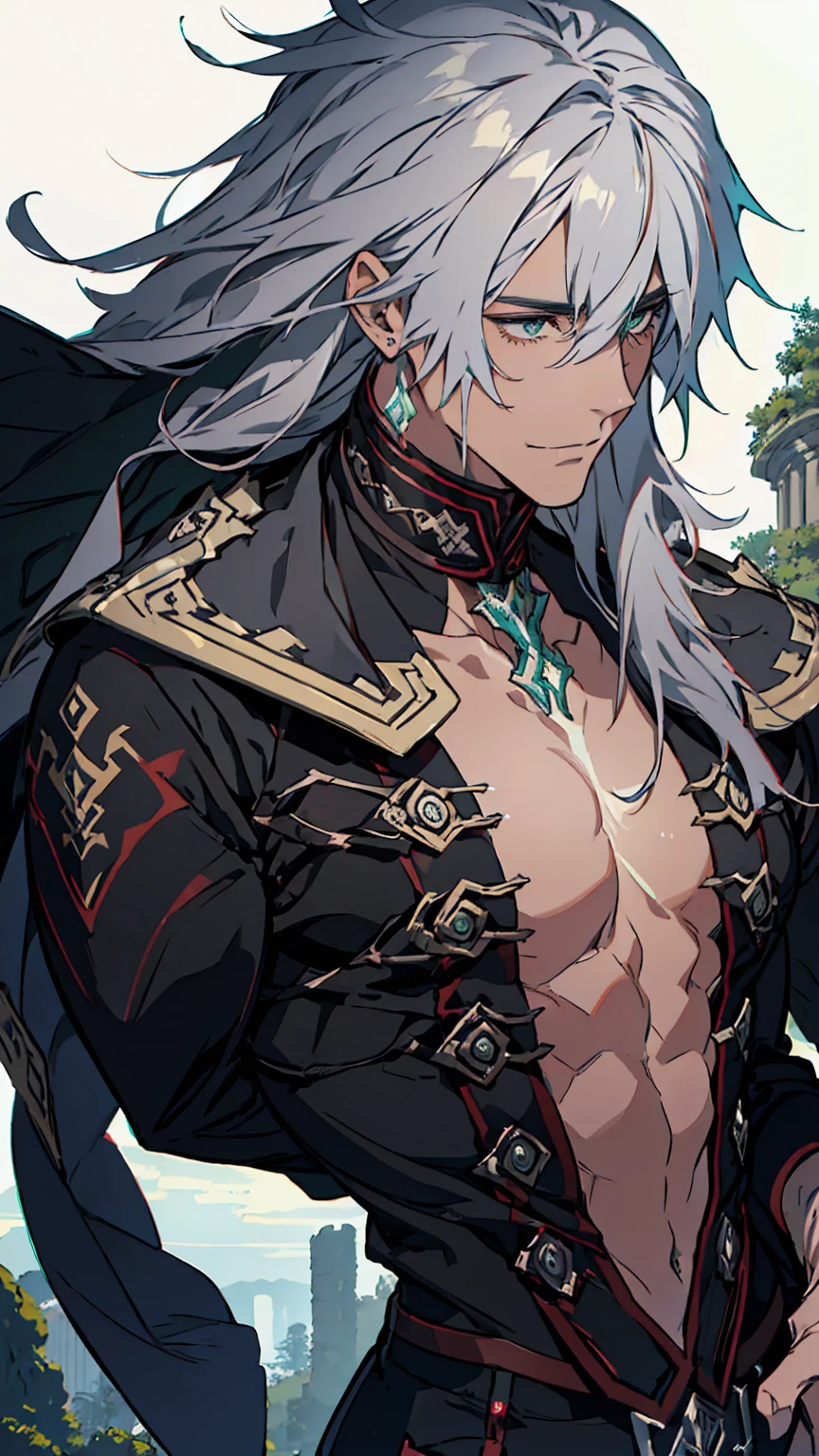 Upper body,silent smile,1young man,solo,male photo, stare into the distance,gray hair,long hair,green eyes,(best quality:1.2),(masterpiece:1.2),(ultra-detailed),vivid colors,sharp focus,moolight,studio lighting,confident expression,stylish,at the ruins