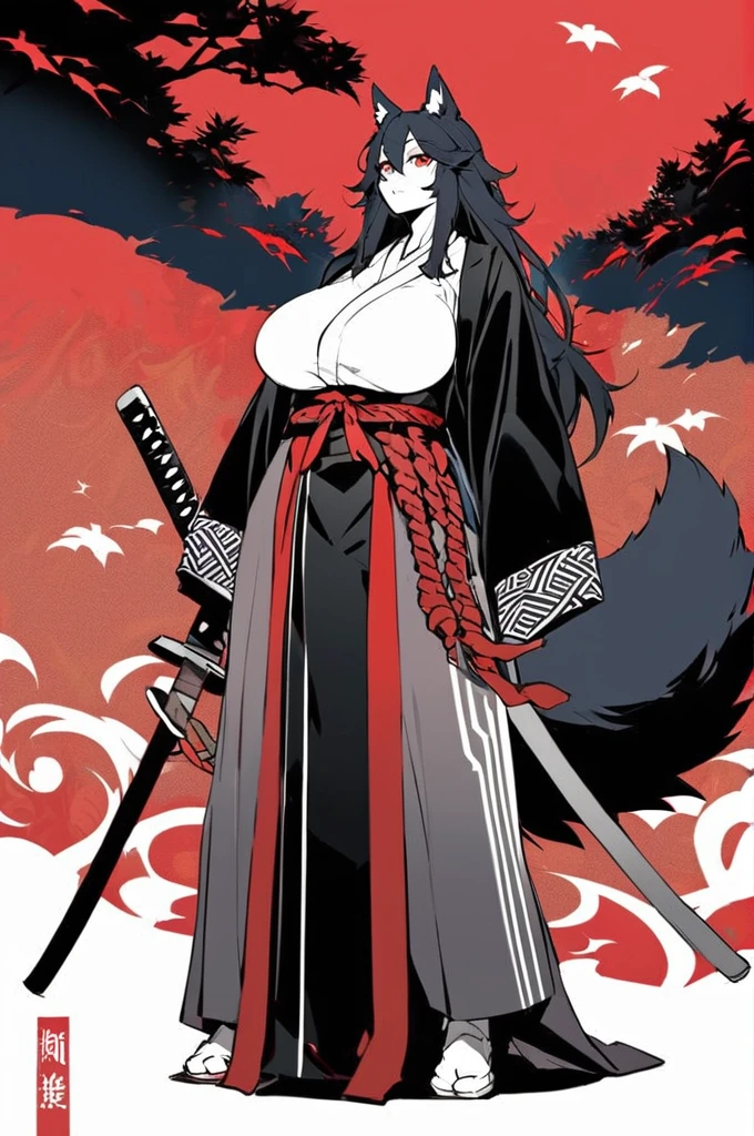 Dog woman, tall, brunette, long black hair, defined, large breasts, long and furry tail, dressed like a Ronin , a
sheathed katana, Crimson leaf forest background