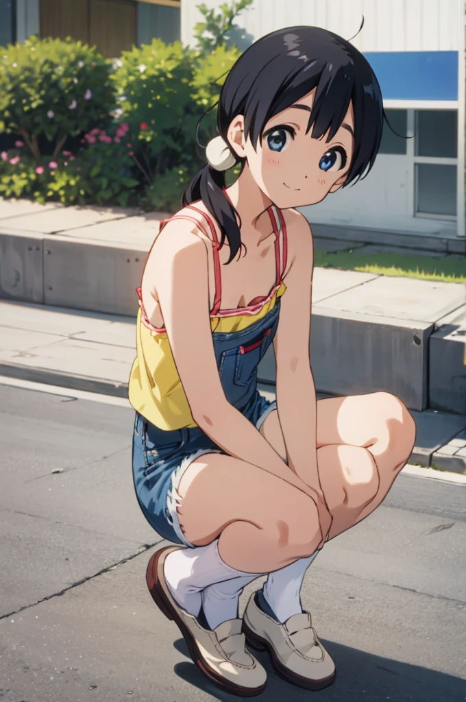  solo, 1girl, tamako kitashirakawa, , looking at viewer, smile, ,,outdoor,socks,camisole,denim shorts