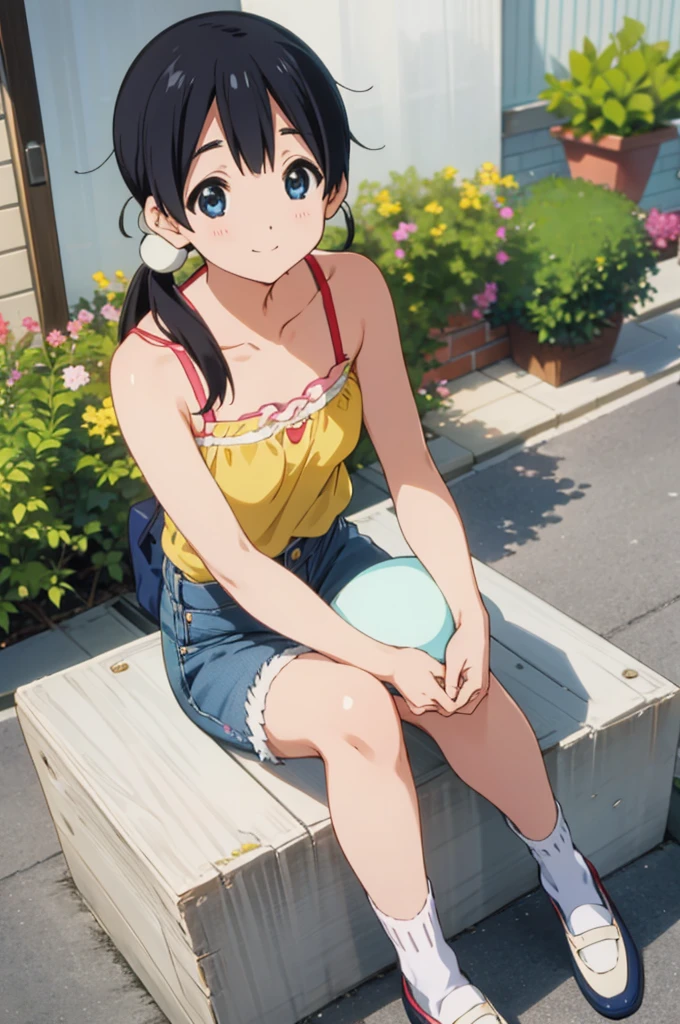  solo, 1girl, tamako kitashirakawa, , looking at viewer, smile, ,,outdoor,socks,camisole,denim shorts