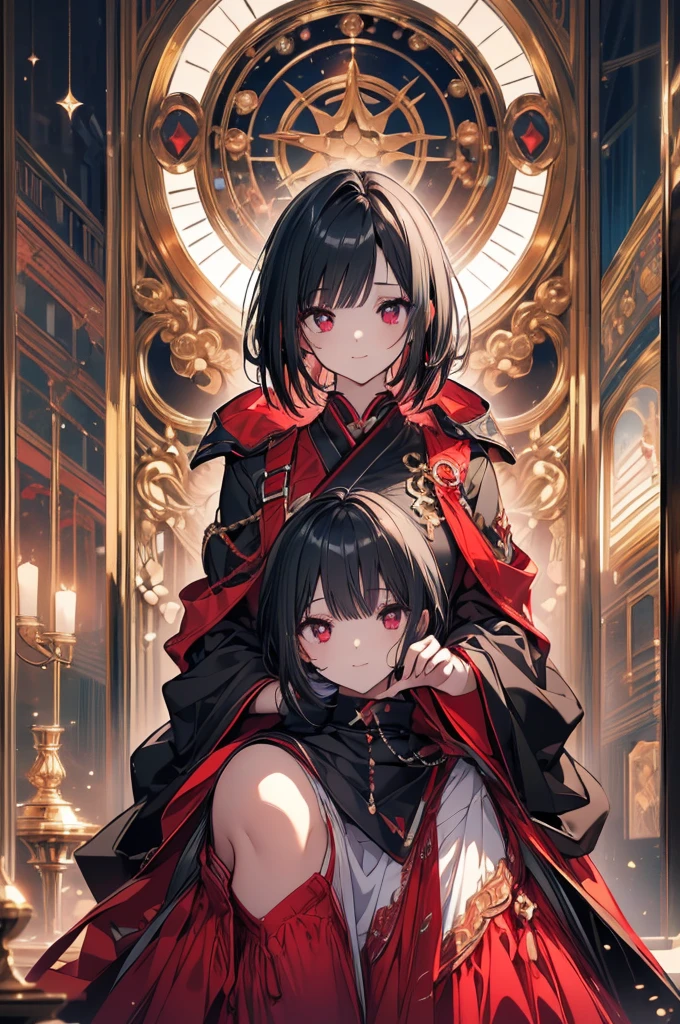 (masterpiece, highest quality, highest quality, (No text), Beautiful and aesthetic:1.2),No text,アニメ、 high resolution　BREAK,One Girl，Short black hair　Beautiful eyes　Red eyes　Beautiful girl　cool　smile　Black Coat　mini skirt　whole body　Night view　Detailed eyes and face