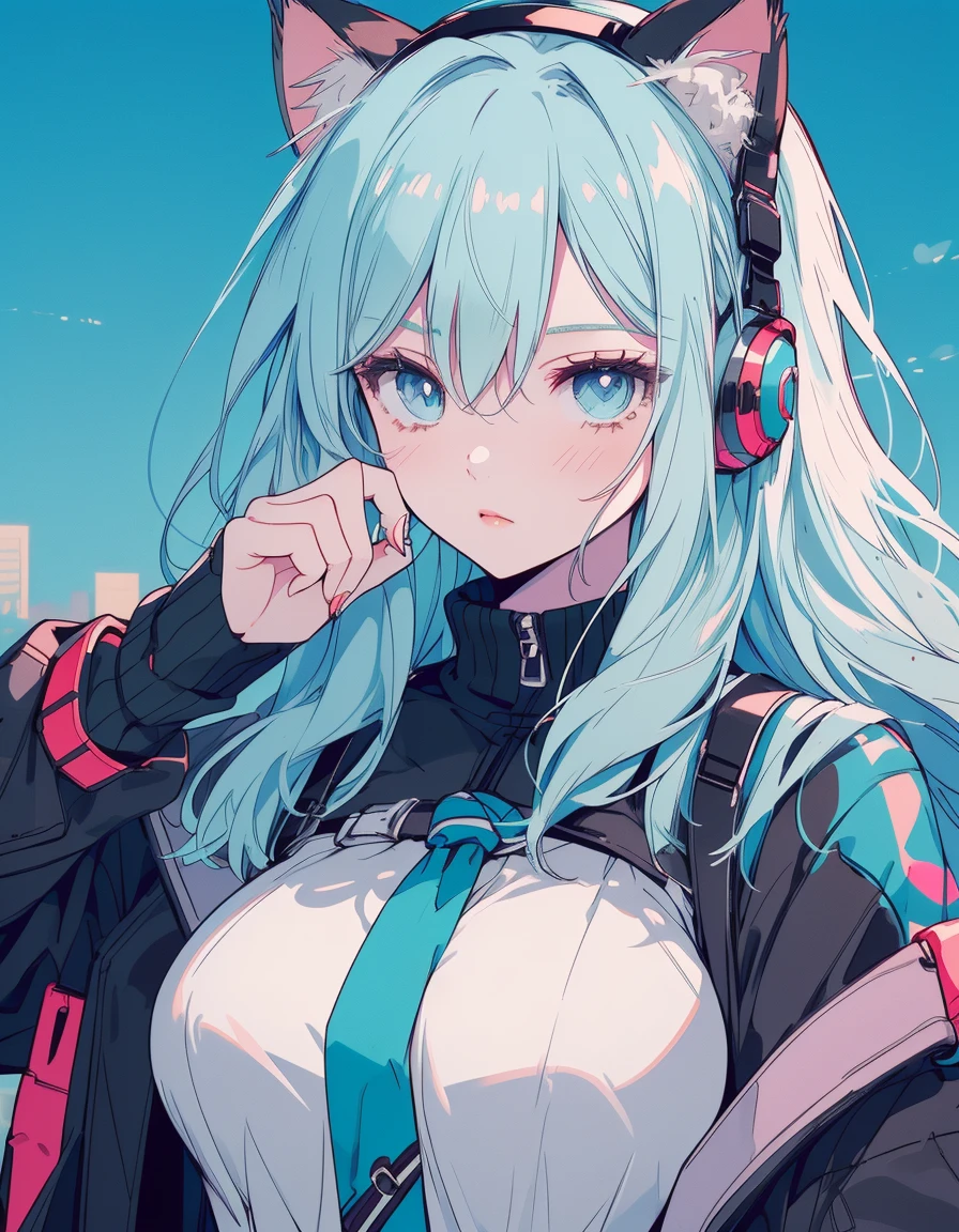 cyber punk, high tower, casual, ((masterpiece, best quality:1.5)), ((Beautiful detailed cat aqua eyes:1.2)), cat ears, pale skin, large breasts, beautiful hands, beautiful fingers, EasyNegative