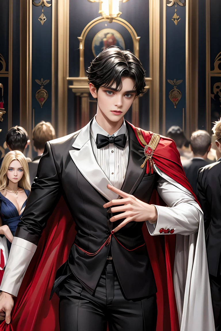 masterpiece, 最high quality, high quality, 1 boy, alone, Male focus, Watching the audience, Messy black hair, Adorable big blue eyes, White people, Noble, Noble,Sexy voluminous black and red cape、Tuxedo、A very voluminous, large, very large, very large, long, long red and black cape with a high stand-up collar, reaching down to the floor, made of a lot of fabric., ,Cute beautiful boys,Cute, cute, kind, handsome guy