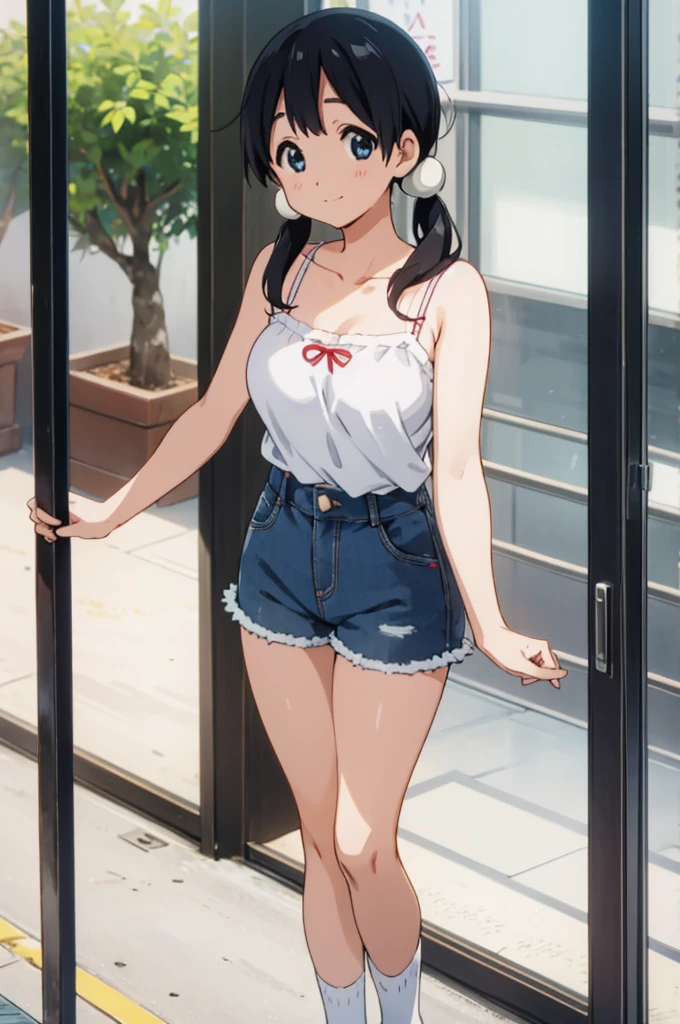  solo, 1girl, tamako kitashirakawa, , looking at viewer, smile, ,,outdoor,socks,camisole,denim shorts,big breasts