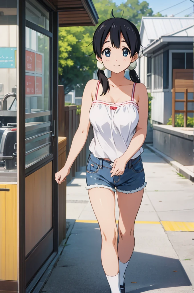  solo, 1girl, tamako kitashirakawa, , looking at viewer, smile, ,,outdoor,socks,camisole,denim shorts,big breasts