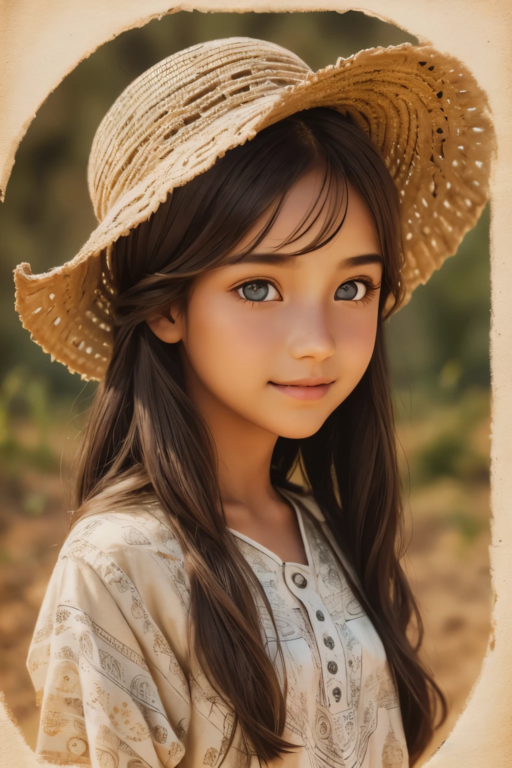 Beautiful and cute girl from an ancient civilization.
Beautiful eyes. With catchlight.
Smiling face, minimal summer outfit, earth-toned clothes, natural-colored little hat, casual hairstyle, bluish-grey eyes, slightly brown skin.
Standing in a primitive landscape.
4-color illustration with light and dark tones. Printed with old printing methods on textured traditional paper.