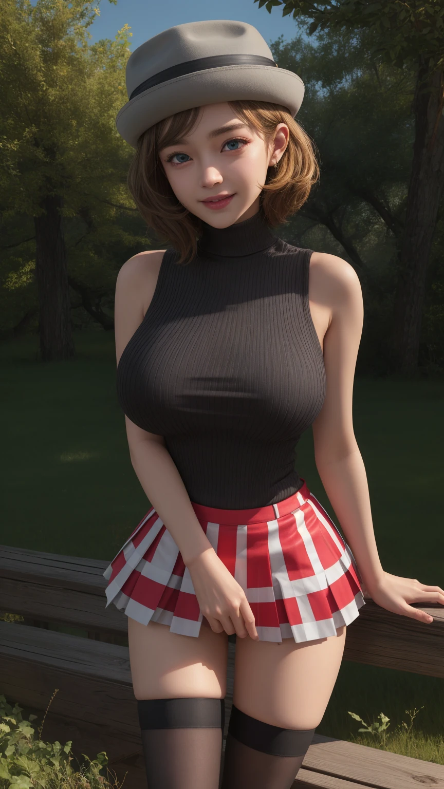 ((Nsfw:1)), pkmnserena, full body, Burst, 1girl, solo, mature girl, blue eyes, blonde hair, short hair, bangs, hat, nipples visible, grey headwear,
black shirt, turtleneck, sleeveless, red skirt, pleated skirt, black thighhighs, big breast, 
smile,closed mouth,cowboy shot,sex pose,
forest,outdoor,
(insanely detailed, beautiful detailed face, masterpiece, best quality) cinematic lighting,