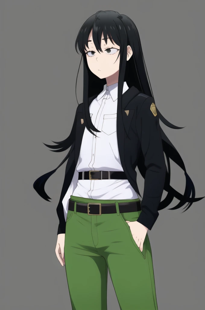 long hair, black hair, grey eyes, expressionless, simple background, small beasts, revealing clothes, pants, belt, 