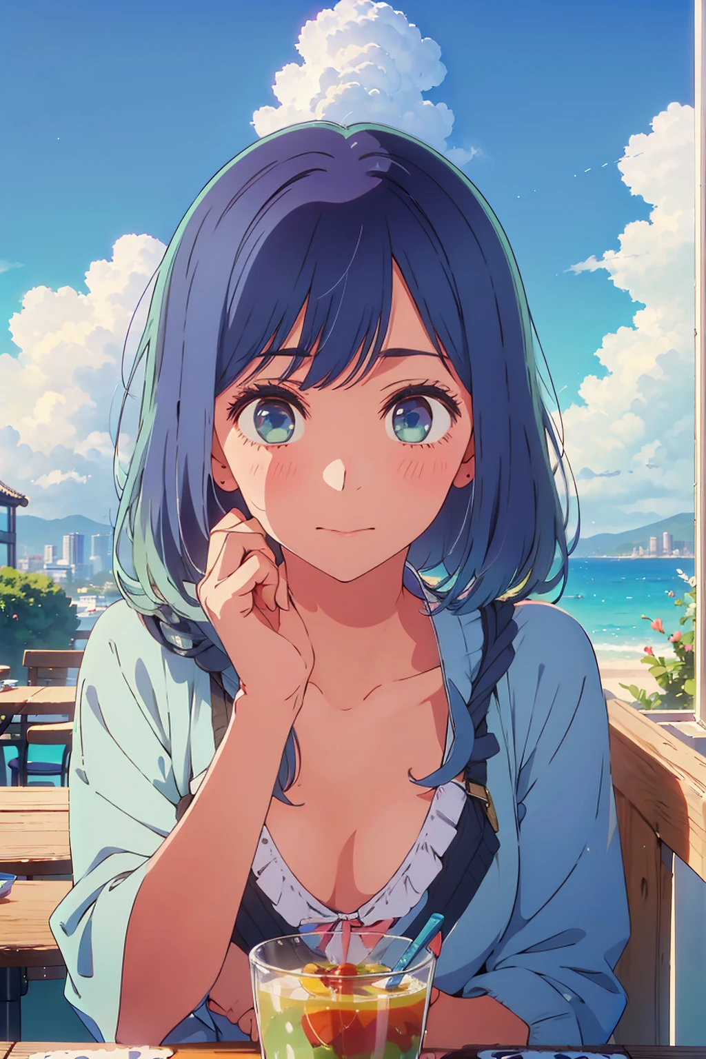 (Highest quality:1.4、8K:1.4、detailed)、F cup bust、Big Breasts、Slim body、Very white beautiful skin、((((1 person、Surprised expression、sit、Chair、In the background are the urban buildings of Tokyo、looking at the camera、Outdoor café terrace、coastal、bikini、Navy hair color、juice、Shooting up close、table、Very cute face))))、(Pose of putting hair behind ears with hands:1.4)、Very blue sky、A completely cloudless sky