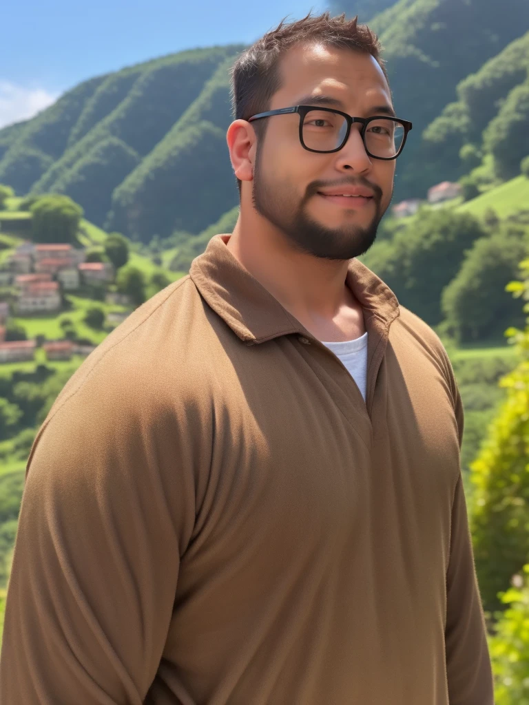 An award-winning original photo，a handsome 38-year-old man, crew cut, (((full body))), (((landscape))), mature man, [slightly fat], asian man, brown eyes, rounded face, glasses, slightly balding, 1boy, Solo, (big shoulders), (((stubbles, Short beard))), (((full beard))), (Beautiful eyes:1.3), (Detailed face:1.3), feudal lord, medivalism, 