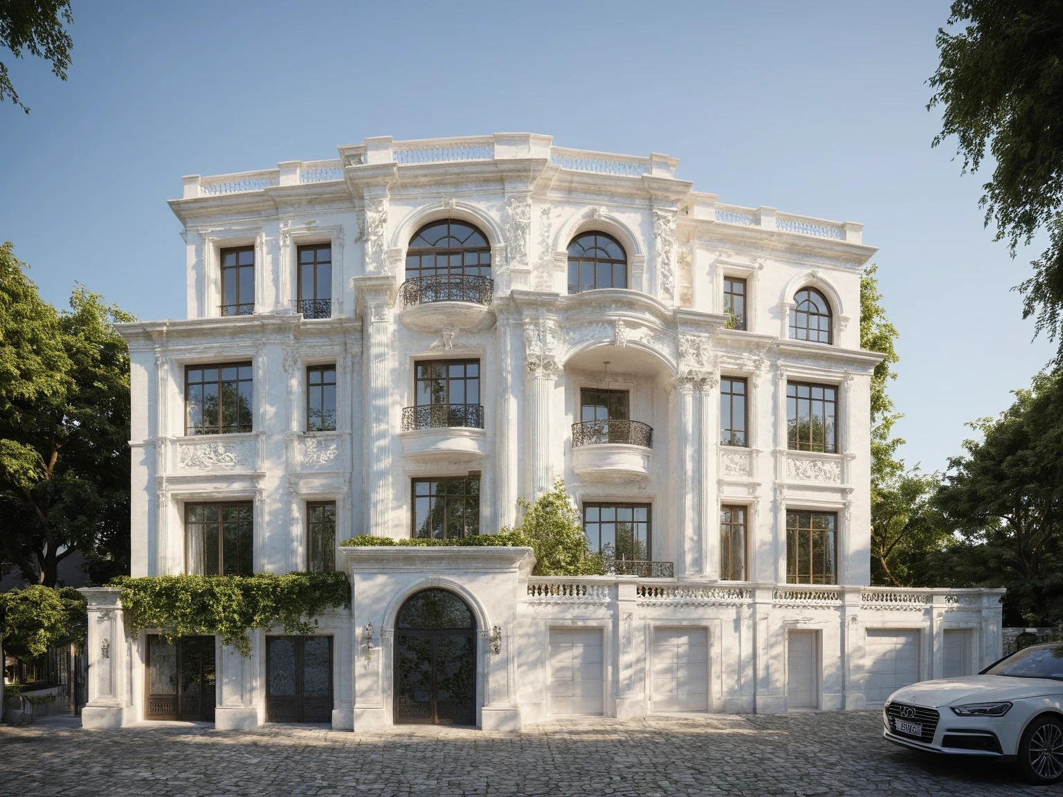 neoclassic house, exterior design, (white wall:1.3), Pair of Italian Neo-Classic Style White Railings, (hip and valley roof), Neoclassical design with complete detailed motifs, Neoclassical design completes the house with the most complete plan of facades and corners around the house, (emphasis on neo-white details), (reflection glass Tree shadow scattering), window, (focus on object), exterior design, perspective view, (white wall), (fence reverse lights), (Warm LED 4000k white tone, Clean and comfortable, timeless, making the space appear clear, (architectural design visualization), (focus on object), (material normal bump real reflection), (chao vantage software visualization render),(((Best Quality))), ((Masterpiece)), ((best illustration)), ((best shadows)), ((Super Detail)), (Intricate lines), (Photorealism),(hyper detail), ((archdaily)), ((award winning design)), (dynamic light), ((dawn sun light )), (perfect light), (shimering light), ((photorealistic)), ((intricate detail)), ((extreme detail)), ((crazy detail)), ((octane render)), ((trending on artstation)), ((High-fidelity)), ((Viwvid)), ((Crisp)), ((Eye-catching)), ((High-quality)),((Sharp)), (dawn sun environment)), ((Eye-catching)), ((Illuminating)), ((Flawless)), ((High-quality)),((Sharp edge render)), ((medium soft lighting)), ((photographic render)), ((detailed archviz)), ((reality environment)), (neoclassic house design architectural design facade), (neoclassic house facade roof design), (neoclassic house facade wall design), (neoclassic house facade decoration material design) (neoclassic house facade door and window design), (neoclassic house facade lighting design),  (Neoclassical house material design motif), (level of photo realism, depends on lighting, materials, composition, Real-Time Rendering, based on chao vantage timage rendering graphics software)