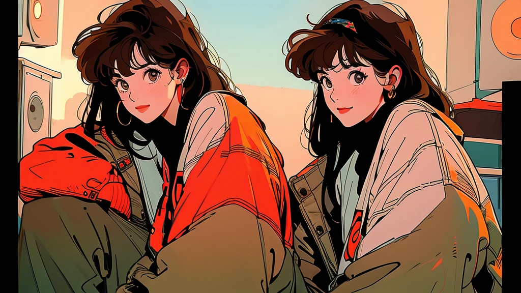 whole body, Upper Body、Beautiful woman、1 person, 4K, sweater、skirt, Shopping Street、Complex background、Light brown hair、Detailed Hair、smile、I have a book.A woman with short brown hair sitting in front of a speaker. The woman has an orange headband, large eyes, and a simple white shirt. Audio equipment can be seen in the background.4K