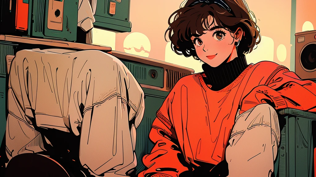whole body, Upper Body、Beautiful woman、1 person, 4K, sweater、skirt, Shopping Street、Complex background、Light brown hair、Detailed Hair、smile、I have a book.A woman with short brown hair sitting in front of a speaker. The woman has an orange headband, large eyes, and a simple white shirt. Audio equipment can be seen in the background.4K