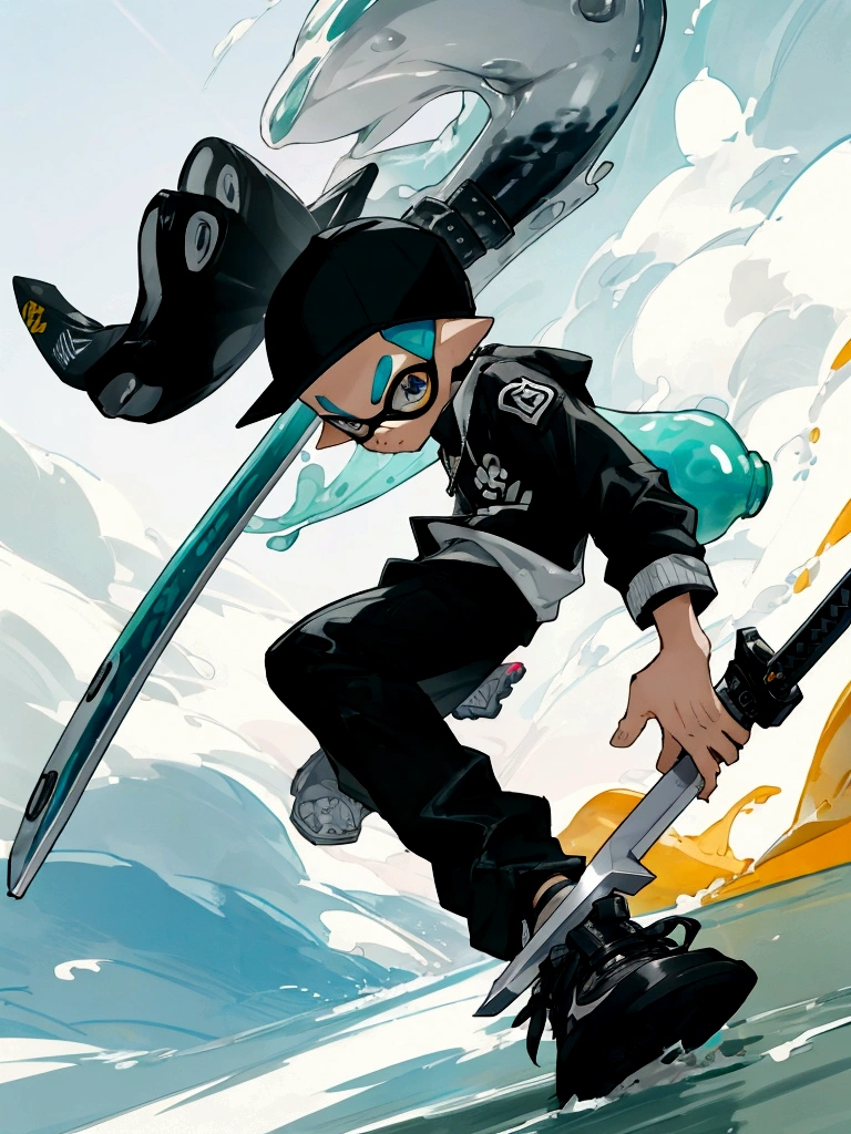 Splatoon Inkling posing with weapon、Image of cutting through the wind、Cool and stylish artwork、The weapon he has is the Jim Wiper.