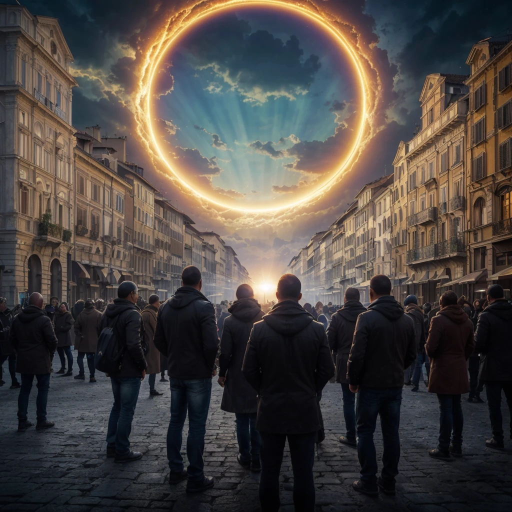 In a city in Europe, Italy, some people are gathered, suddenly a portal opens in the sky, people get scared. Photorealism, full view, highly detailed image, very realistic, hyperrealism, Ultra HD, 8k, 5, sharp focus, intricate and mysterious masterpiece. (Long exposure photography Very detailed close-up portrait artistic illustration: final quality, medium shot, backlight, Rich and striking. Enigmatic and mysterious manipulations (composition of the rule of thirds), ((detailed environment with strong lines) Lo best quality, in camera, white light, warm and clean aesthetics, dazzling screen composed of millions of brilliant ultraviolet rays, HDR.