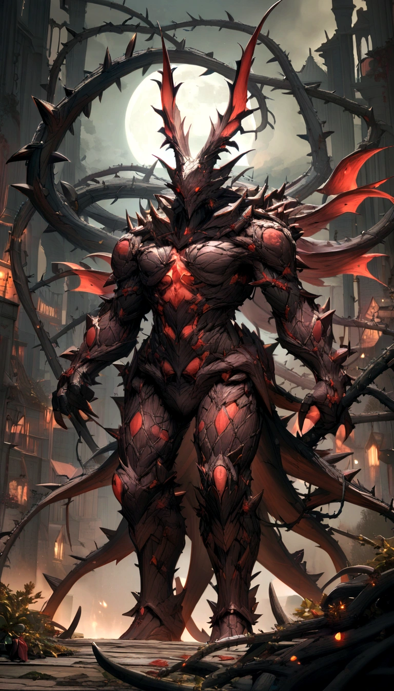 Strange beasts in fantasy world，Blood，Covered in thick thorns，Moonlit Night，Medium shot scenes，Like the whole body， Highly detailed surreal VFX，OC Rendering，Shot with a 70mm AR16:9 --q 2 --s 1000