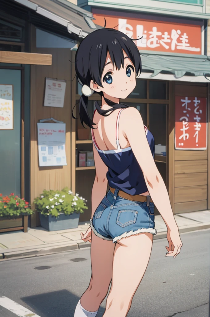  solo, 1girl, tamako kitashirakawa, , looking at viewer, smile, ,,outdoor,,camisole,denim shorts,ass,from back,(nsfw,from below:1.2)