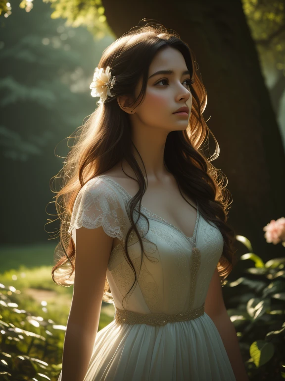 a beautiful girl in a serene garden, elegant dress, long flowing hair, peaceful expression, sunlight filtering through trees, lush greenery, vibrant colors, intricate details, dreamlike atmosphere, (best quality,4k,8k,highres,masterpiece:1.2),ultra-detailed,(realistic,photorealistic,photo-realistic:1.37),cinematic lighting,warm tones,classical art style,intricate floral patterns