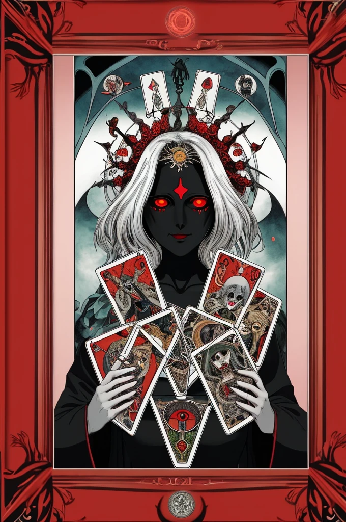 looking at viewer, red eyes, humans have 3 faces, the first face has an evil aura, the second face has a sad aura and the third face has a happy aura, the face with a happy aura is in the middle position, creepy , ((tarot style frame:1.25)), (glowing red eyes:1.25)