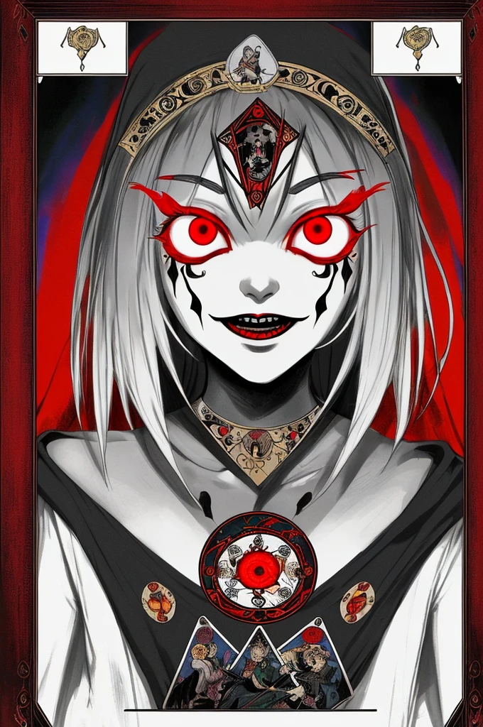 looking at viewer, red eyes, humans have 3 faces, the first face has an evil aura, the second face has a sad aura and the third face has a happy aura, the face with a happy aura is in the middle position, creepy , ((tarot style frame:1.25)), (glowing red eyes:1.25)