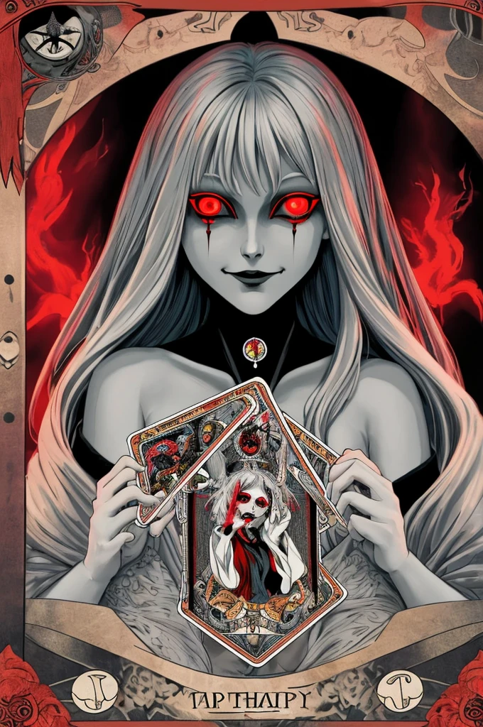 looking at viewer, red eyes, humans have 3 faces, the first face has an evil aura, the second face has a sad aura and the third face has a happy aura, the face with a happy aura is in the middle position, creepy , ((tarot style frame:1.25)), (glowing red eyes:1.25)
