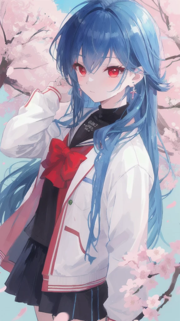 Boy, blue Iola, blue hair, red eyes, high school clothes, tousled hair, earrings in ears, at cherry blossom festival.