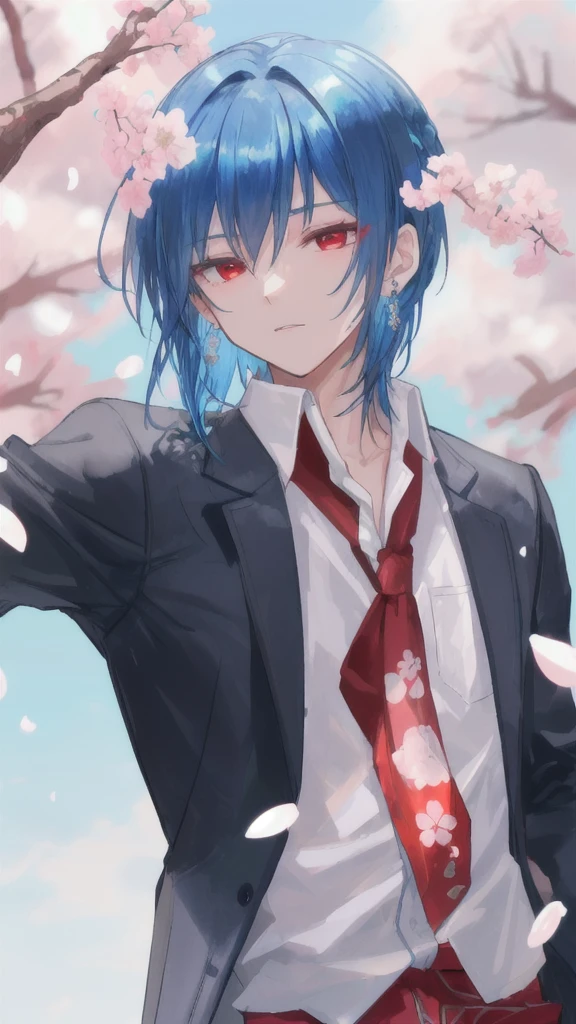 Boy, blue Iola, blue hair, red eyes, high school clothes, tousled hair, earrings in ears, at cherry blossom festival.