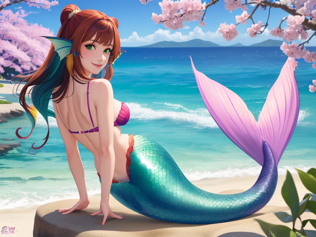 masterpiece, best quality:1.2), 1girl, smile, looking at viewer, green eyes, short brown multicolored hair, mermaid, mermaid girl, wearing purple seashell bra, laying on beach, colorful mermaid tail, outdoors, head fins, fin ears, under cherry blossoms