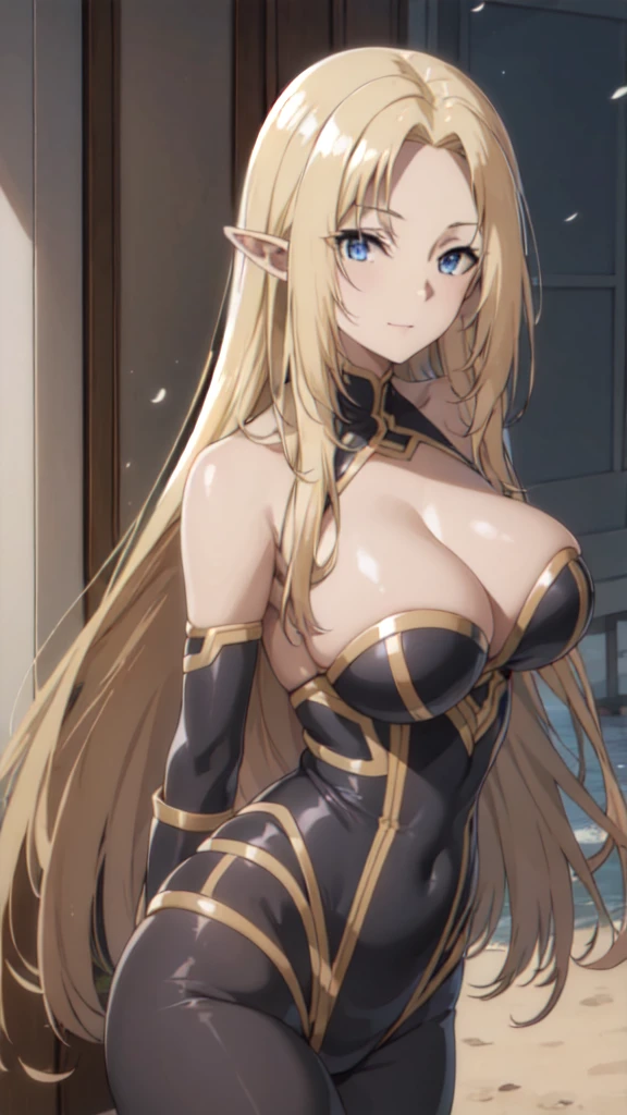 (Upper Body:1.3),Medium Shot,anime,masterpiece,gravure, 8K,Realistic, Beautiful woman,An elegant and mature elven woman, Elf Ears,blue eyes, Place your arms behind your head,(美的animeの目:1.3),Large Breasts,blonde, Black bodysuit, smile,Beautiful breasts,8K resolution, High quality CG, Beautiful CG, Soft Light,View your audience,(24-years-old),