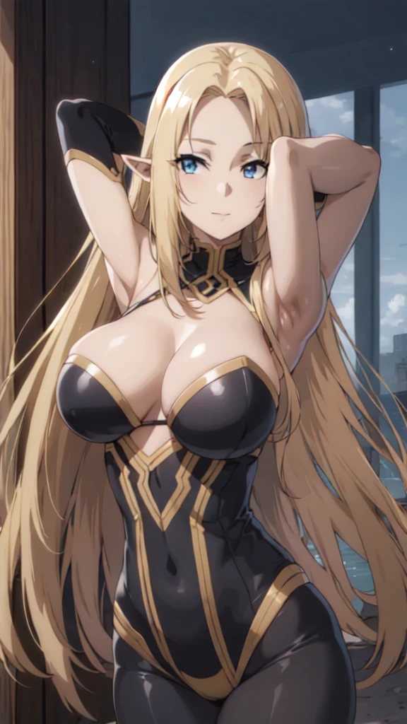 (Upper Body:1.3),Medium Shot,anime,masterpiece,gravure, 8K,Realistic, Beautiful woman,An elegant and mature elven woman, Elf Ears,blue eyes, Place your arms behind your head,(美的animeの目:1.3),Large Breasts,blonde, Black bodysuit, smile,Beautiful breasts,8K resolution, High quality CG, Beautiful CG, Soft Light,View your audience,(24-years-old),