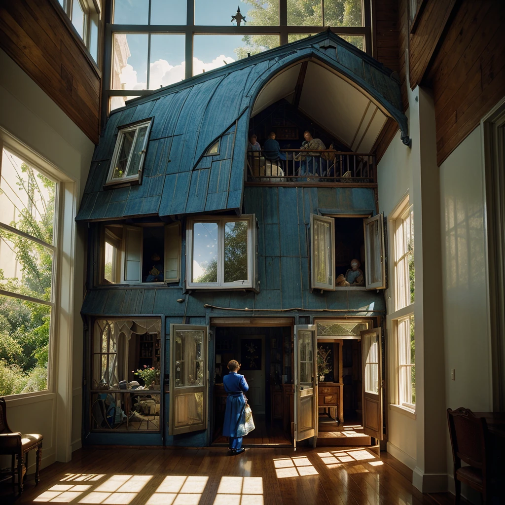 full frame shot, a fussy house with windows and stuff on it's side and people inside, Daniel Merriam, fairy tale illustration, a storybook illustration, art, magical deep shadows, ultra-realism,