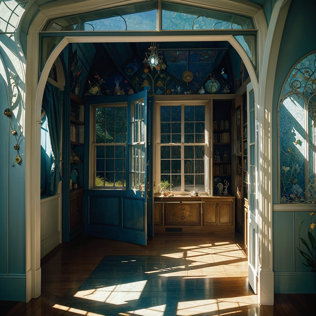 full frame shot, a fussy house with windows and stuff on it's side and people inside, Daniel Merriam, fairy tale illustration, a storybook illustration, art, magical deep shadows, ultra-realism,