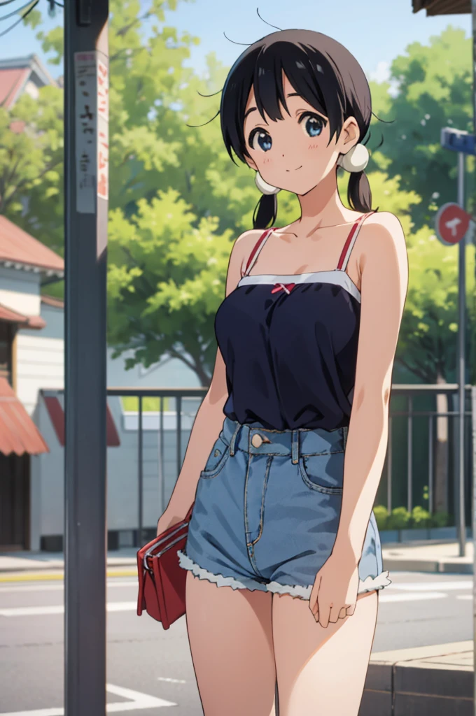  solo, 1girl, tamako kitashirakawa, , looking at viewer, smile, ,,outdoor,socks,camisole,denim shorts,big breasts,cowboy shot