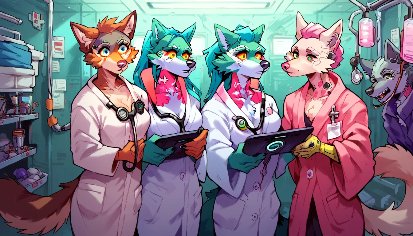 score_9, score_8_up, score_7_up, (cyberpunk city, Hospital, operations room, medicines on background:1.5),
((Wolf:1.2), anthro, 2others, crew, gang, female, male (portrait, standing), (holding tablet), ((wearing medical robe, doctor pants, doctor's robe), (wearing stethoscope, phonendoscope)), ((fur)), beautiful, (have cyberpunk-style additions)