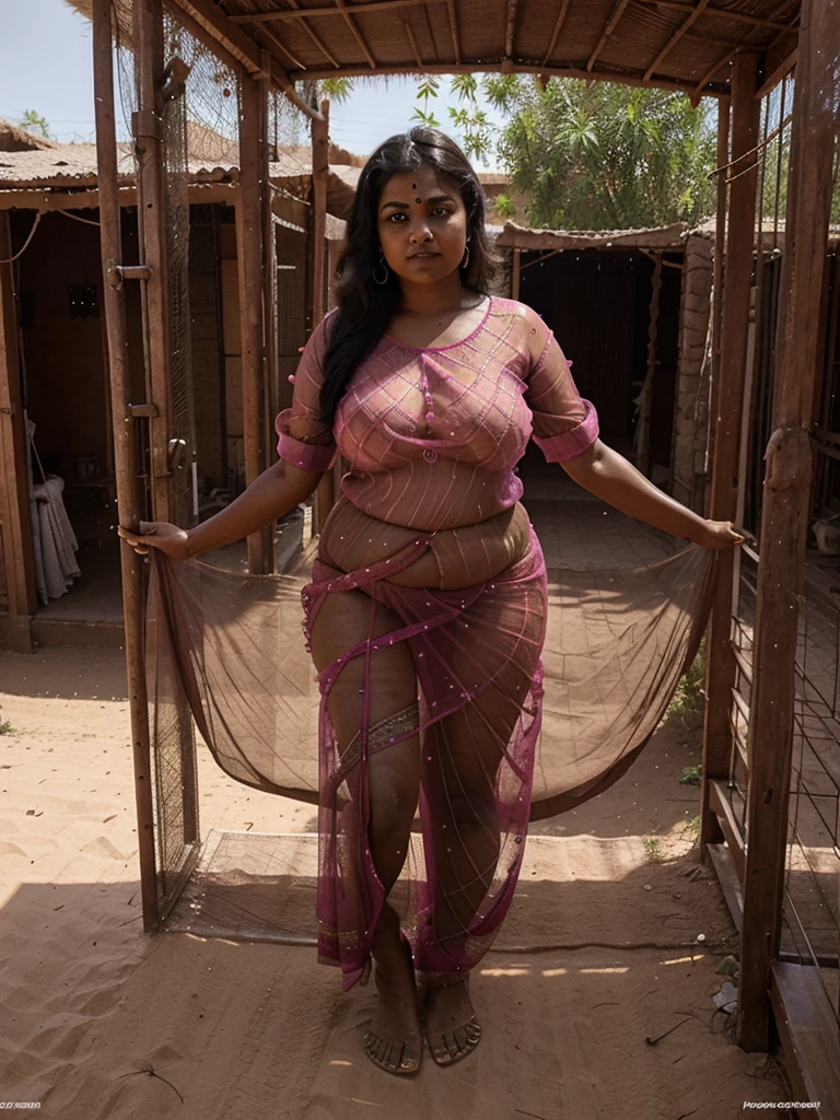 Tamil Nadu sexy chubby aunty at age of 20 in Rajasthani transparent sexy peacock-pink blouse and long transparent sexy peacock-black net-skirt and showing her sexy full body structure mud house at desert