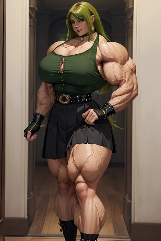 (((Massive tall, beautiful, buff, light brown skinned muscular woman with green hair, black lipstick, ginormous bulky muscles and wearing a beautiful green unbuttoned blouse with a beautiful black long pleated skirt))), (close view), massive muscles, massive biceps, hyper muscle shoulders, massive muscle arms, vascular shoulders, hyper muscle triceps, (long curvy hair), (beautiful unbuttoned green blouse), orange eyes, studded gauntlets, gloves, choker, (beautiful black long pleated skirt with a belt), shoes with socks, (in a beautiful hallway), closed smile, morning, hyper vascular arm, hyper muscles arms, hyper muscle legs, massive arms