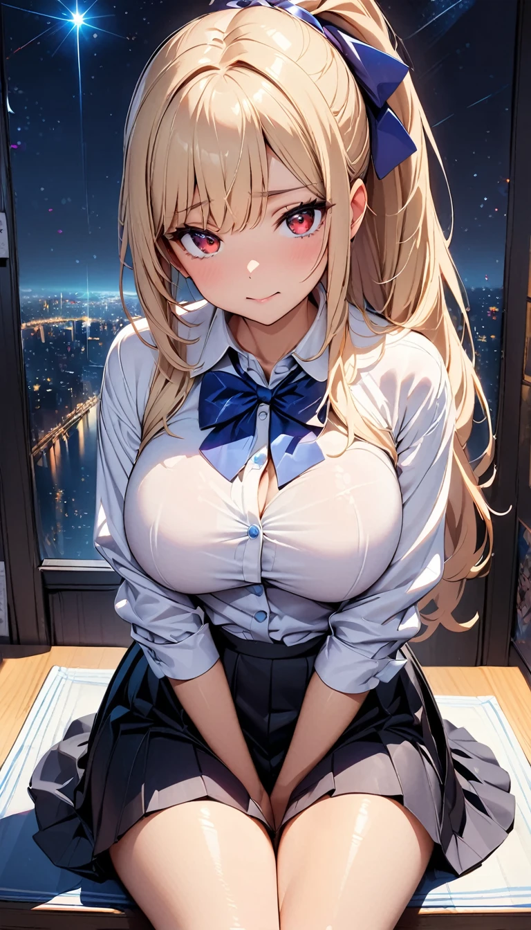 Highest quality, masterpiece,, figure, wallpaper,One girl, alone, , White shirt, Black Skirt, Light Hair, Semi-long hair, Beautiful detailed girl, Highly detailed eyes and face, Beautiful attention to detail, shy,  shine, clean 空, View your viewers, Outdoor, Night Sky, star , loafers, Black Pantyhose, Blue bow tie, Straight hair, Purple petals, Purple and blue flowers, Red Eyes, ponytail, Blue Ribbon,Beautiful thighs, Large Breasts, Red eyes,