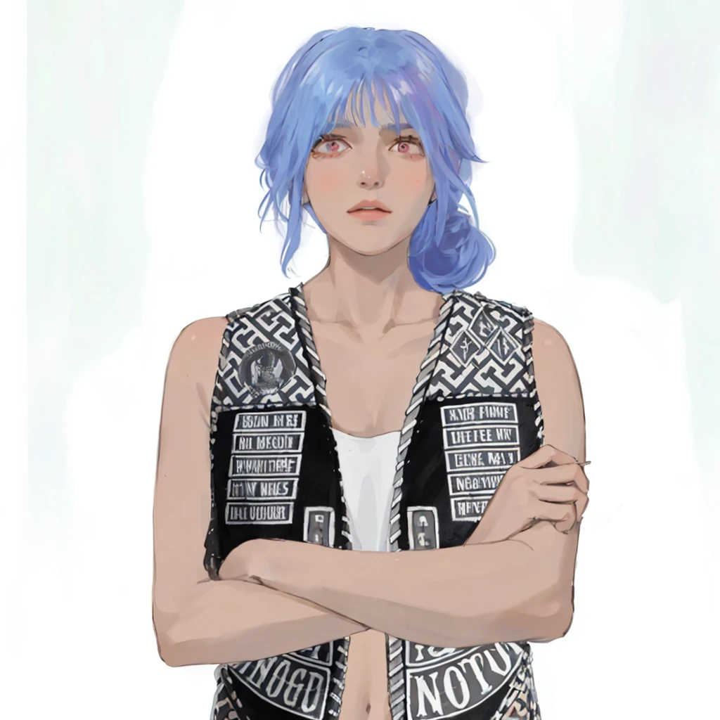 (masterpiece:1.2, best quality), (1girl, solo, upper body:1.2),flat face,Hair: buzz cut,Clothing: oversized, distressed denim jacket with patches and pins, paired with black skinny jeans and combat boots, Hanging out in an underground music venue or street art exhibit