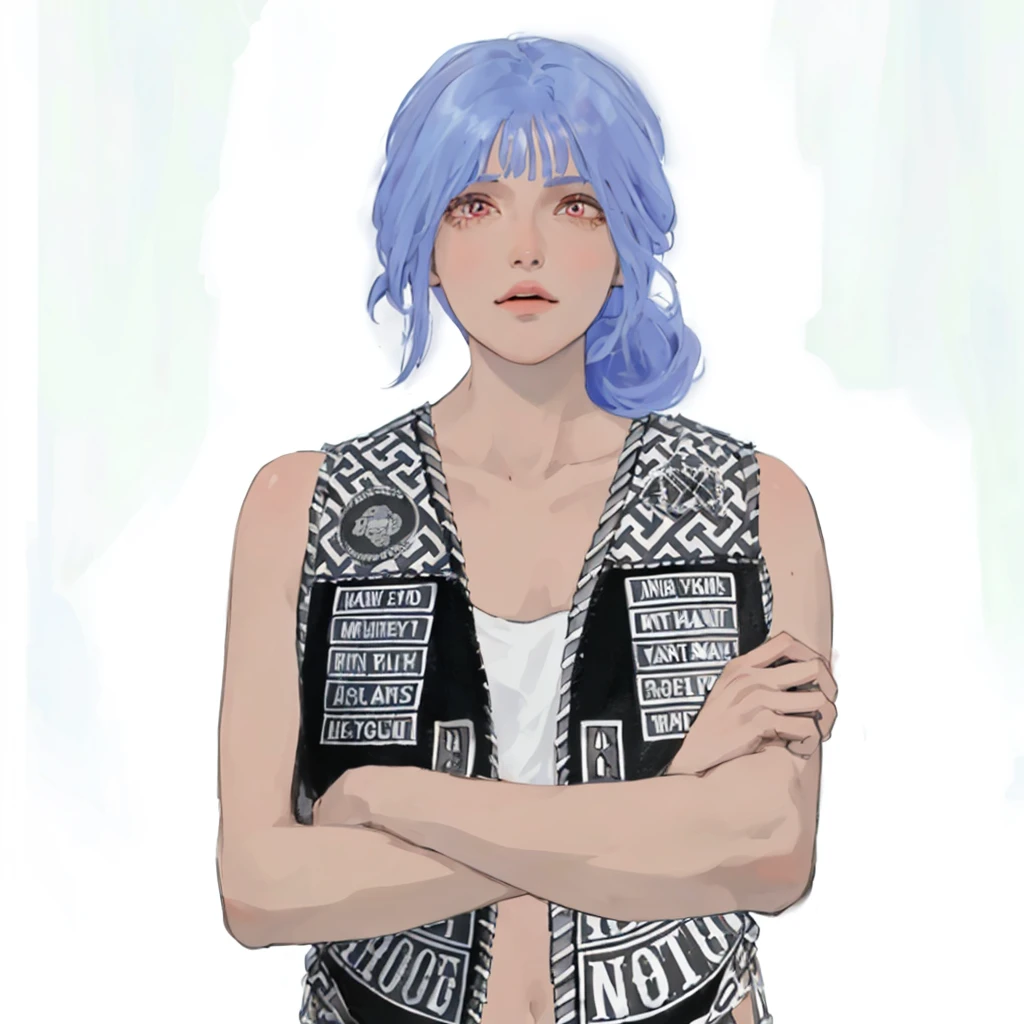 (masterpiece:1.2, best quality), (1girl, solo, upper body:1.2),flat face,Hair: buzz cut,Clothing: oversized, distressed denim jacket with patches and pins, paired with black skinny jeans and combat boots, Hanging out in an underground music venue or street art exhibit