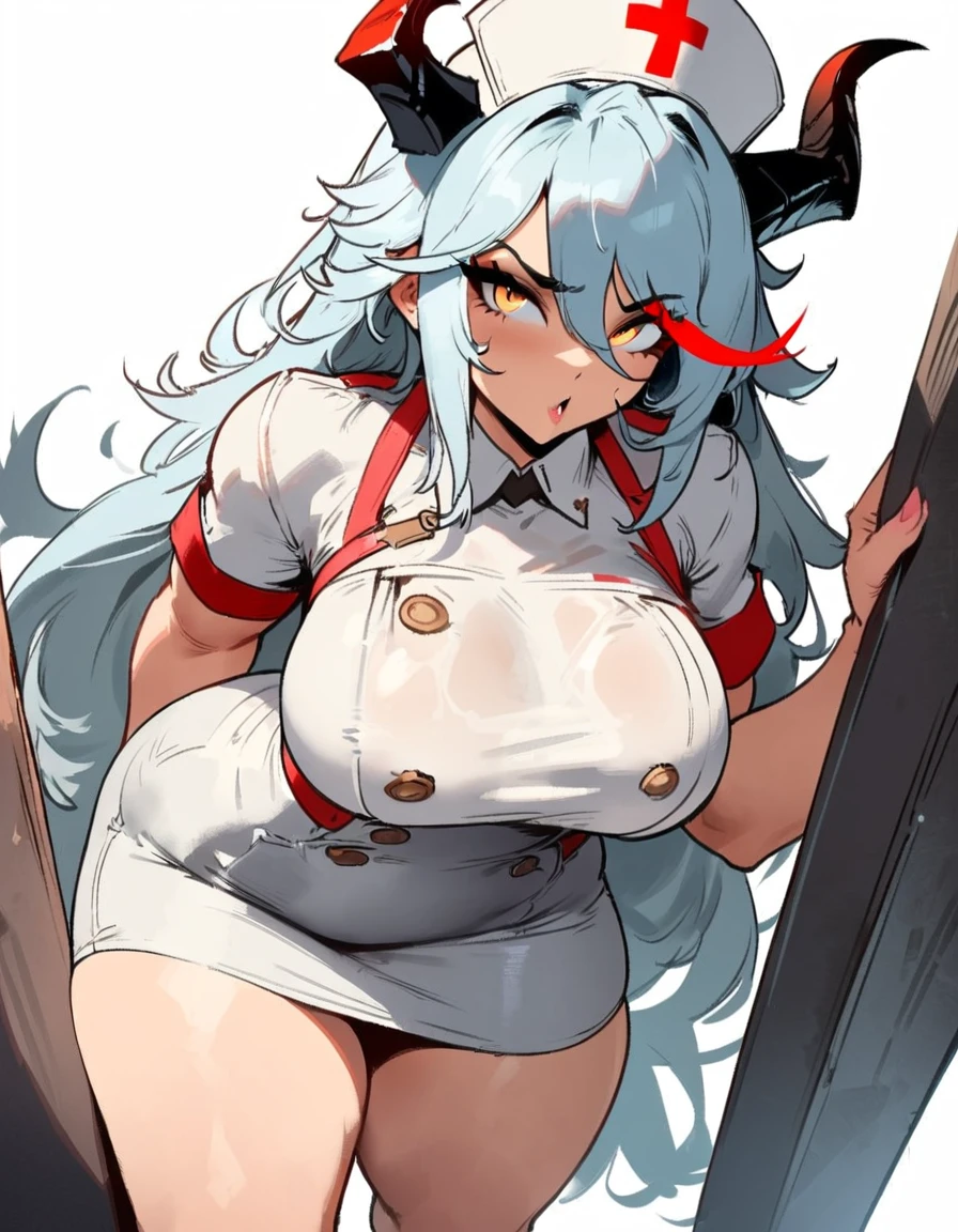 1girl, aegir \(azur lane\), azur lane \\\\\ masterpiece, best quality, very aesthetic, absurdres, newest \\\\\\ sportive body,  \\\\\\ by nyantcha,,by cutesexyrobutts,by khyle ///// white hair with a single prominent red streak, black horns, yellow eyes,  , white (nurse outfit:1.2), skirt, , white pencil skirt, nurse cap, , , a red cross on the cap, standing, (white background:1.2)