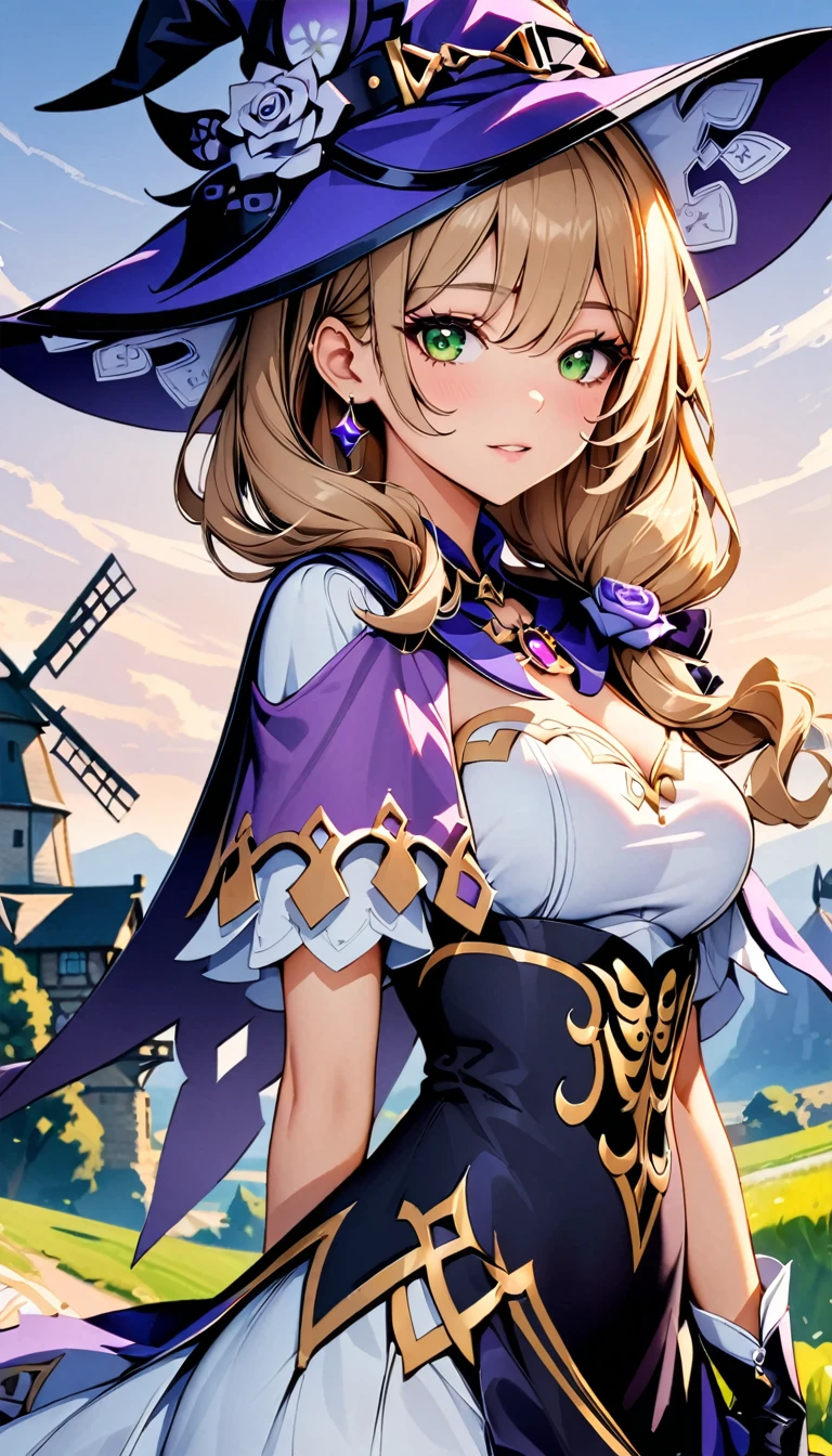 Beautiful girl, Perfect Face, Arms at your sides, masterpiece, Ultra-high resolution, high quality, 4K, Upper Body:1.5, Lisa (Genshin Impact), urple witch hat, Green Eyes, Brown Hair, bangs, dress, Rose, jewelry, witch, Capelet, Purple hat, Black gloves, Purple Flower, Hair between the eyes, purple Rose, Part your lips, purple Capelet, Hat Flower, multicolored dress, hair ornaments, windmill, From the side,