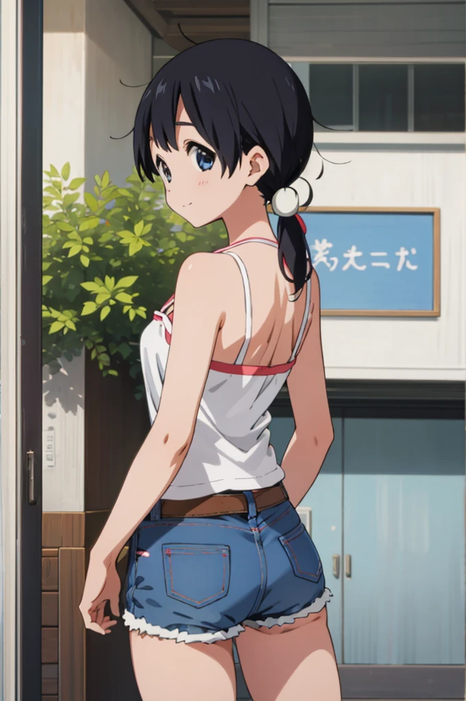  solo, 1girl, tamako kitashirakawa, , looking at viewer, smile, ,,outdoor,socks,camisole,denim shorts,ass,from back