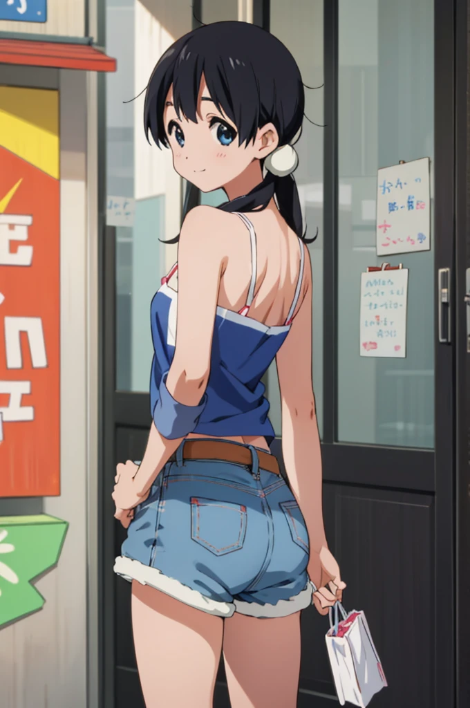  solo, 1girl, tamako kitashirakawa, , looking at viewer, smile, ,,outdoor,socks,camisole,denim shorts,ass,from back