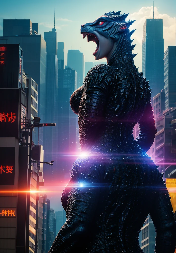 A godzilla holding a beautiful ultraman woman with a beautiful face, from behind while laugh in front of the city, bright and colorful light, realistic, very realistic, detail, extremely detail, photography, cinematic, double exposure, UHD 8k
