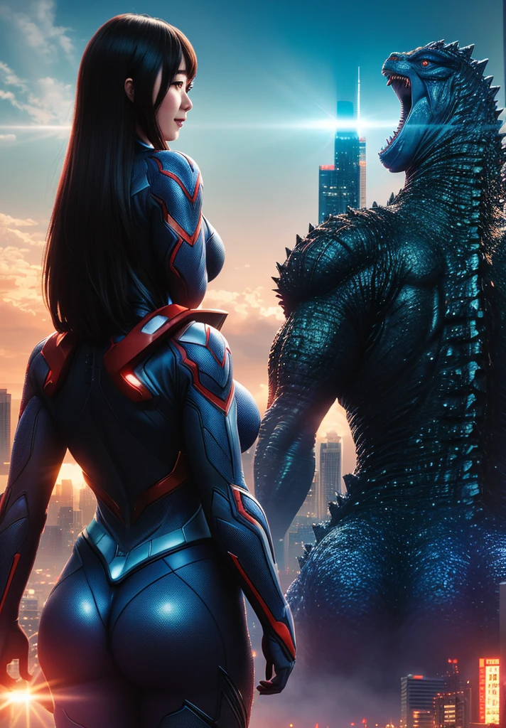 A godzilla holding a beautiful ultraman woman with a beautiful face, from behind while laugh in front of the city, bright and colorful light, realistic, very realistic, detail, extremely detail, photography, cinematic, double exposure, UHD 8k