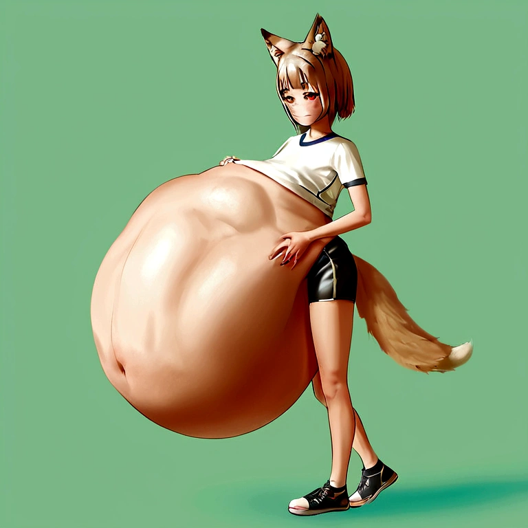 1girl, alone, solo, large head, short stature, flat chests, skinny, thin body skinny body, skinny limbs, skinny arms, skinny legs, small breasts, small butt, full body, long shot, wide shot, very long shot, very wide shot, standing, side view, perfect side view, perfect body, perfect limbs, perfect arms, perfect hands, 5 fingers, perfect legs, best quality, ultra detailed, high quality, highly detailed, 8k, 16k, masterpiece, perfect anatomy, good anatomy, cute, kawaii, blushing, detailed face, fixed face, detailed fingers, light brown hair, orange eyes, short hair, fox girl, light brown fox ears, tail, one light brown fox tail, perfect fox ears, perfect fox tail, white t shirt, short sleeves, black shorts, perfect shorts, white crew socks, black sneakers, perfect sneakers, detailed sneakers, bare belly, midriff, perfect belly, huge belly, hyper belly, gigantic belly, massive belly, enormous belly, big belly, giant belly, person inside belly vore, vore, source_anime, (score_9,score_8_up,score_7_up,), very aesthetic, multiple people inside belly, multiple preys, (vore belly)