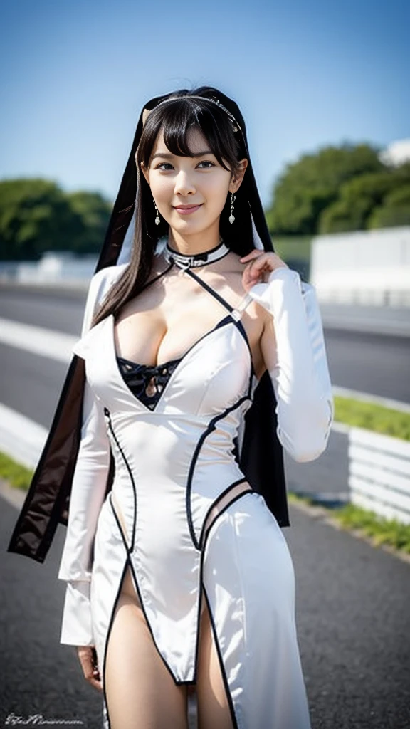 Close-up: A beautiful woman cosplaying as a race queen, standing at a race track with tall, very long legs and big breasts, seen from below