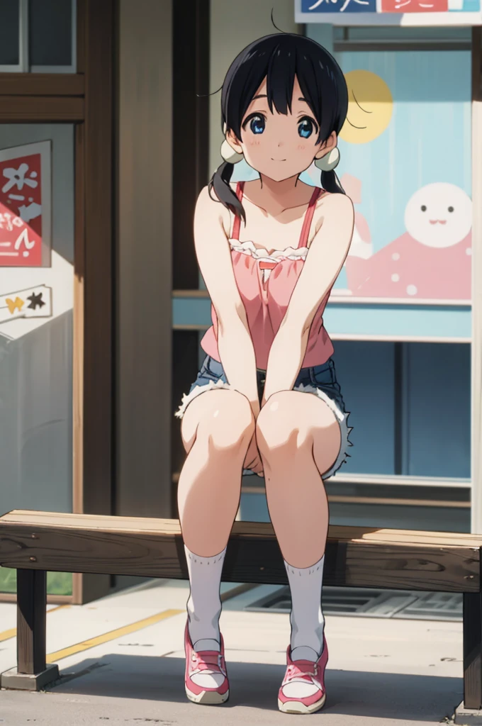  solo, 1girl, tamako kitashirakawa, , looking at viewer, smile, ,,outdoor,socks,camisole,denim shorts,squatting,open legs,spread legs,from below